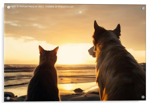 A dog and a cat seen from behind on the beach look dreamily into Acrylic by Michael Piepgras