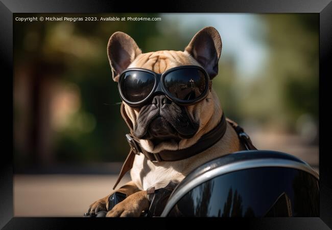 A dog riding a motorbike created with generative AI technology. Framed Print by Michael Piepgras
