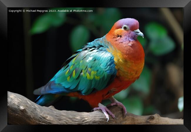 A dove thinking it is a colorful parrot  created with generative Framed Print by Michael Piepgras