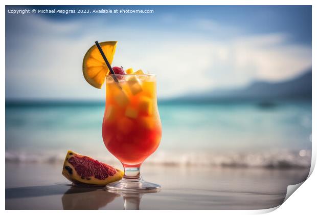 A fruity cocktail with a beautiful paradise beach soft backgroun Print by Michael Piepgras