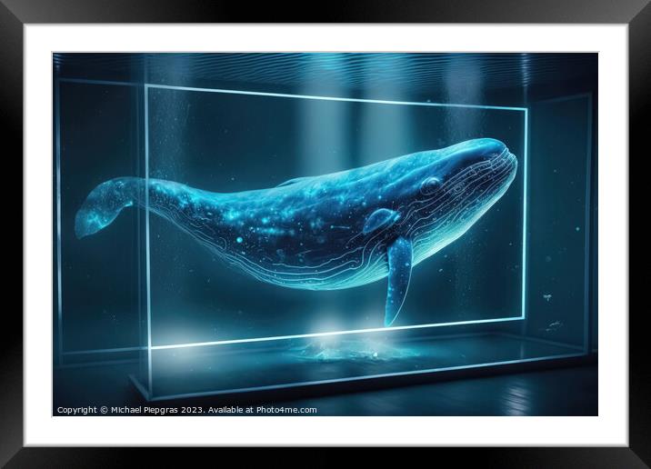 A shape of a blue whale floats as a hologram in a laboratory cre Framed Mounted Print by Michael Piepgras