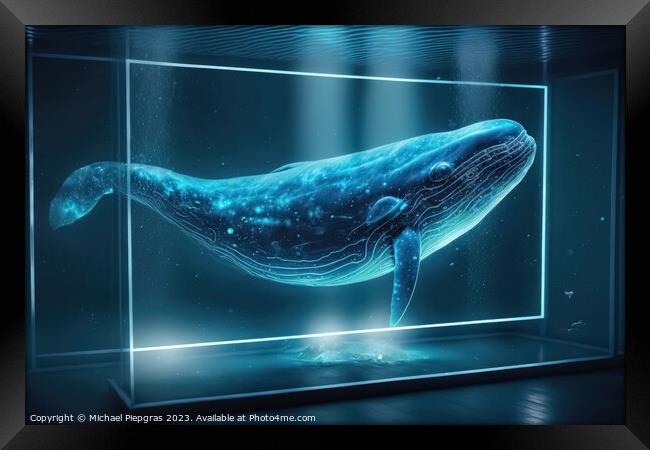 A shape of a blue whale floats as a hologram in a laboratory cre Framed Print by Michael Piepgras