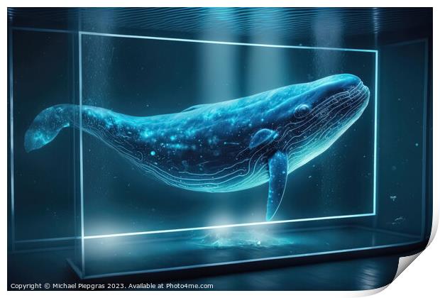 A shape of a blue whale floats as a hologram in a laboratory cre Print by Michael Piepgras