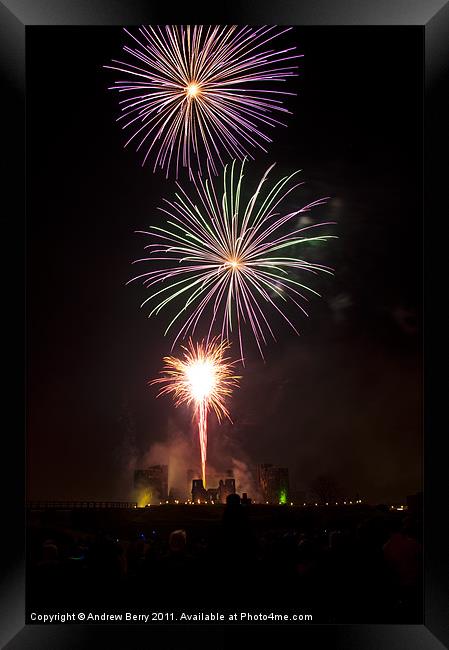 Caerphilly Castle Fireworks Framed Print by Andrew Berry