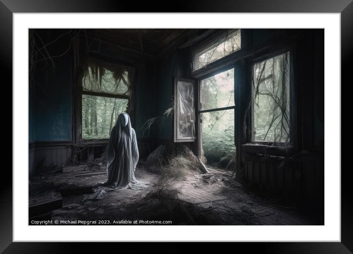 A ghostly apparition in an old run-down house created with gener Framed Mounted Print by Michael Piepgras