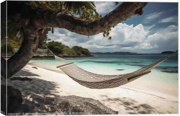 A hammock on a tropical beach created with generative AI technol Canvas Print by Michael Piepgras