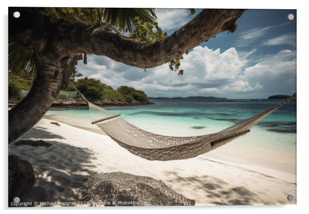 A hammock on a tropical beach created with generative AI technol Acrylic by Michael Piepgras