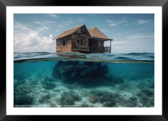 A house on the ground of the ocean under water created with gene Framed Mounted Print by Michael Piepgras