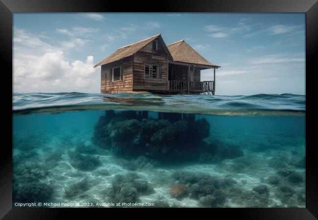 A house on the ground of the ocean under water created with gene Framed Print by Michael Piepgras