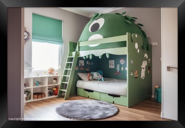 A kids bedroom with a monster bed created with generative AI tec Framed Print by Michael Piepgras