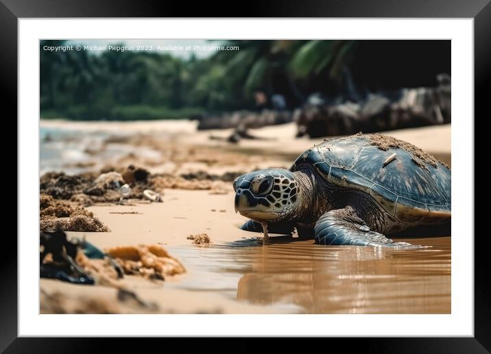 A large turtle drags itself onto a beach created with generative Framed Mounted Print by Michael Piepgras