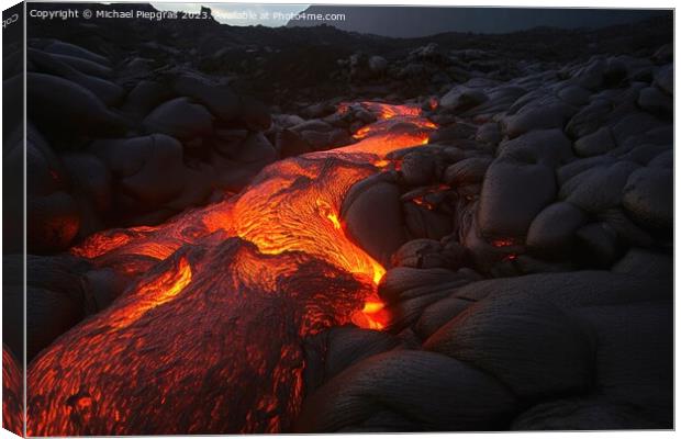 A luminous magma flow in a lava field created with generative AI Canvas Print by Michael Piepgras