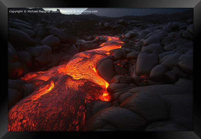 A luminous magma flow in a lava field created with generative AI Framed Print by Michael Piepgras