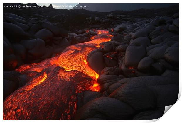 A luminous magma flow in a lava field created with generative AI Print by Michael Piepgras