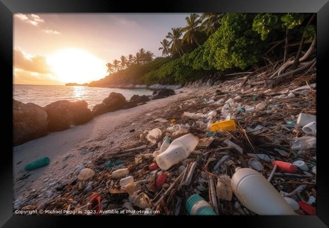A lot of plastic waste on a tropical dream beach created with ge Framed Print by Michael Piepgras