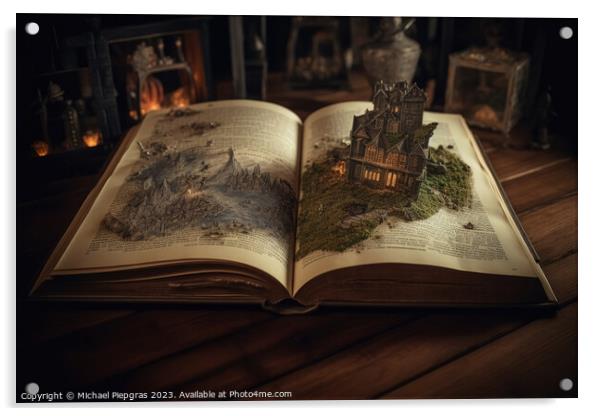 A magical book with fantasy stories coming out of the book creat Acrylic by Michael Piepgras