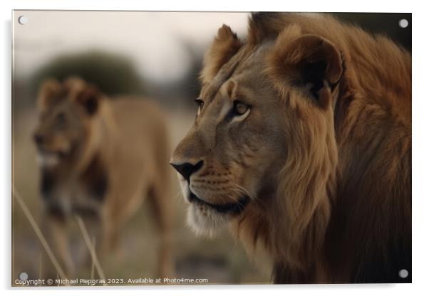 A male lion and a female lion in the background created with gen Acrylic by Michael Piepgras