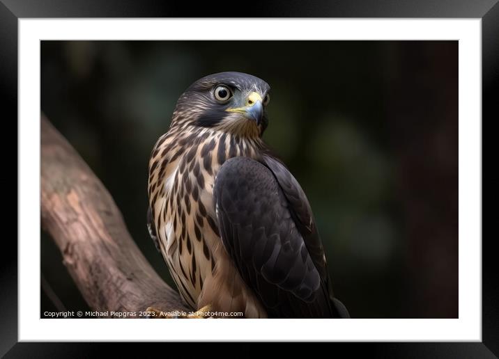 A merlin bird of prey on a branch in close up created with gener Framed Mounted Print by Michael Piepgras