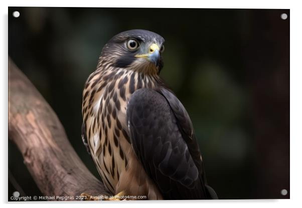 A merlin bird of prey on a branch in close up created with gener Acrylic by Michael Piepgras