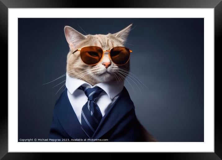 A modern cat wearing a business suit and sunglasses created with Framed Mounted Print by Michael Piepgras