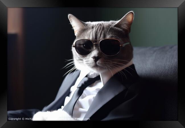 A modern cat wearing a business suit and sunglasses created with Framed Print by Michael Piepgras