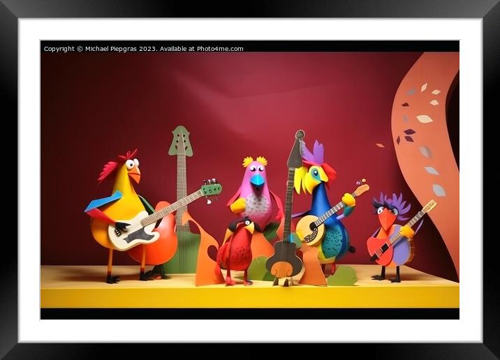 A music band consisting of colorful birds on a stage playing roc Framed Mounted Print by Michael Piepgras