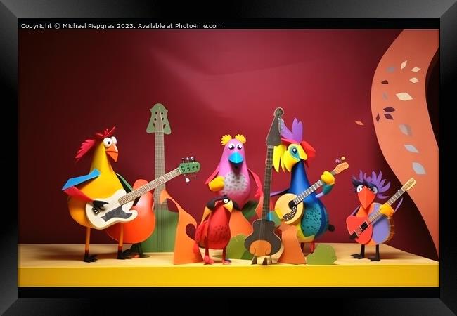 A music band consisting of colorful birds on a stage playing roc Framed Print by Michael Piepgras
