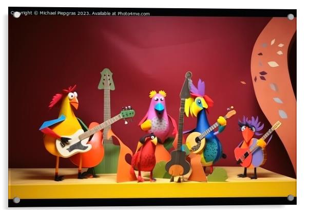 A music band consisting of colorful birds on a stage playing roc Acrylic by Michael Piepgras