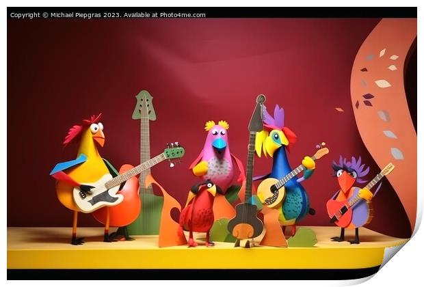 A music band consisting of colorful birds on a stage playing roc Print by Michael Piepgras