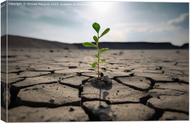 A single green plant shoot in a completely dry environment creat Canvas Print by Michael Piepgras