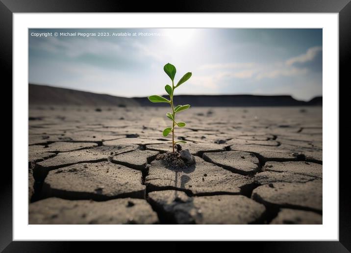 A single green plant shoot in a completely dry environment creat Framed Mounted Print by Michael Piepgras