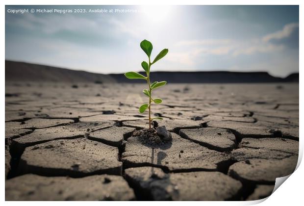 A single green plant shoot in a completely dry environment creat Print by Michael Piepgras