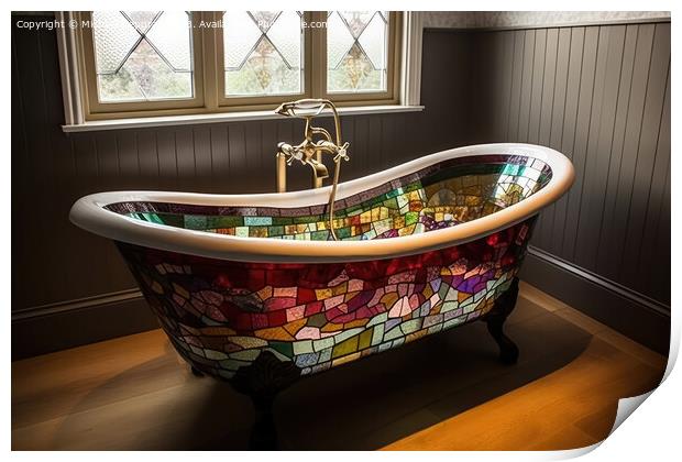 A stained glass bathtub created with generative AI technology. Print by Michael Piepgras