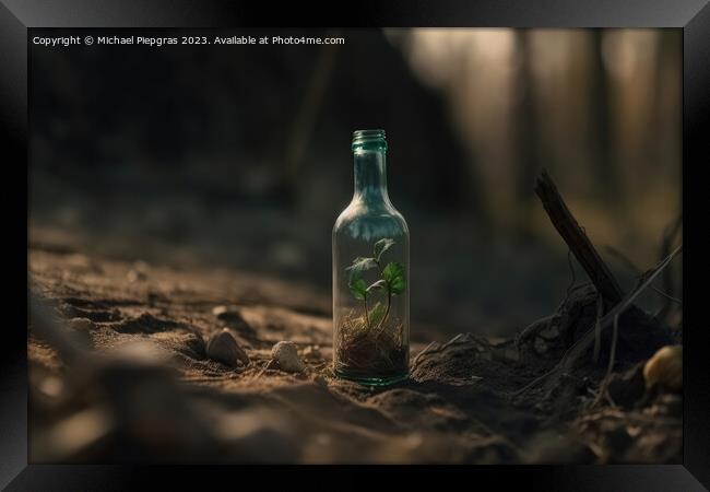 A single green seedling in a glass bottle on an apocalyptic dry  Framed Print by Michael Piepgras