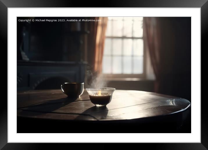 A steaming cup of tea on a table in a cosy old room created with Framed Mounted Print by Michael Piepgras
