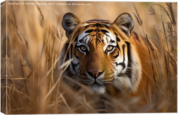 A strong tiger in the high grass at a river created with generat Canvas Print by Michael Piepgras