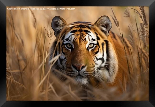 A strong tiger in the high grass at a river created with generat Framed Print by Michael Piepgras