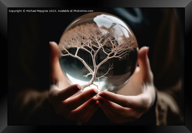 A tree inside of a glass sphere held by a female hand created wi Framed Print by Michael Piepgras