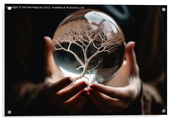 A tree inside of a glass sphere held by a female hand created wi Acrylic by Michael Piepgras