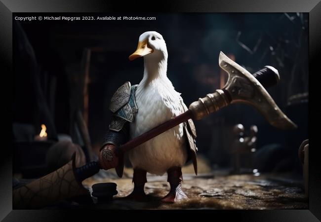 A white duck as a barbarian with a big axe and shining armour cr Framed Print by Michael Piepgras