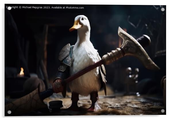 A white duck as a barbarian with a big axe and shining armour cr Acrylic by Michael Piepgras