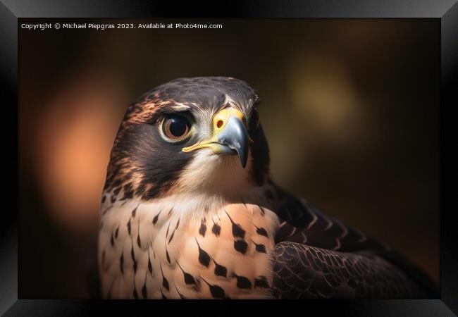 A wild falcon in a close up view created with generative AI tech Framed Print by Michael Piepgras