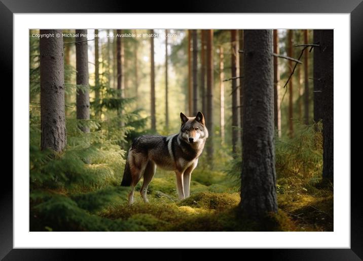 A wolf in a northern european forest created with generative AI  Framed Mounted Print by Michael Piepgras