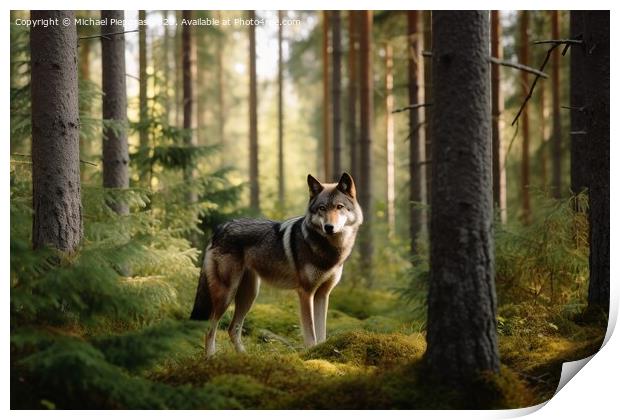 A wolf in a northern european forest created with generative AI  Print by Michael Piepgras