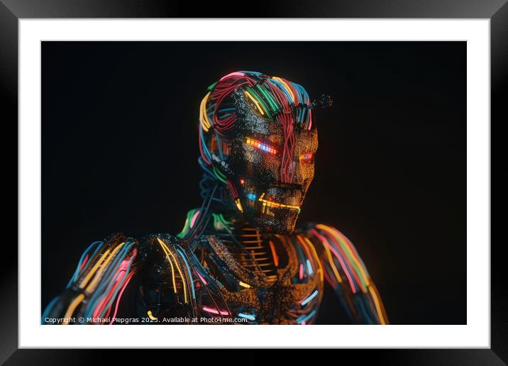 An AI robot almost completely wrapped in brightly coloured fibre Framed Mounted Print by Michael Piepgras