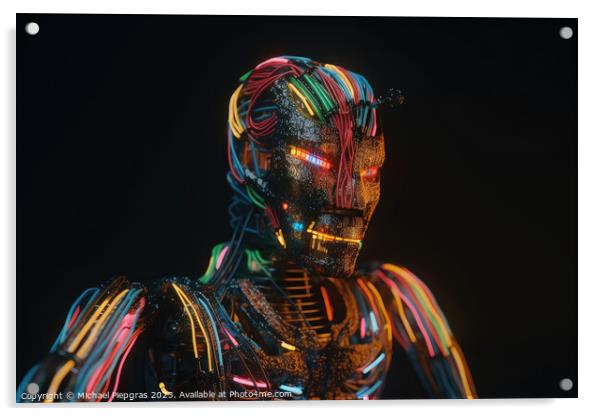 An AI robot almost completely wrapped in brightly coloured fibre Acrylic by Michael Piepgras