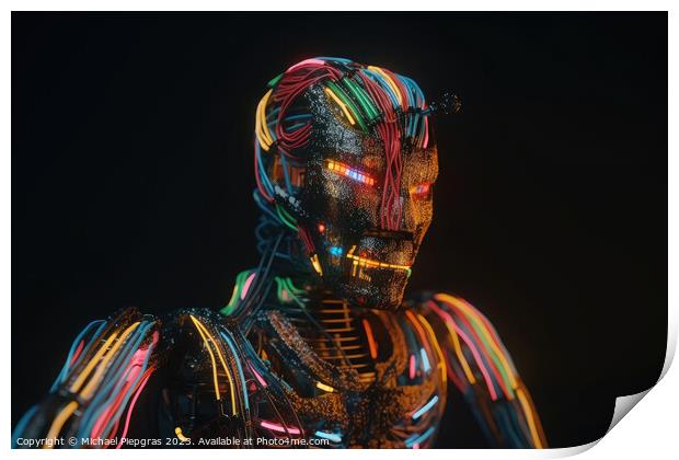 An AI robot almost completely wrapped in brightly coloured fibre Print by Michael Piepgras