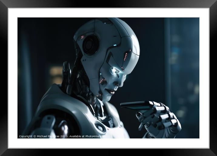 An AI robot in a business suit looks at its smartphone created w Framed Mounted Print by Michael Piepgras