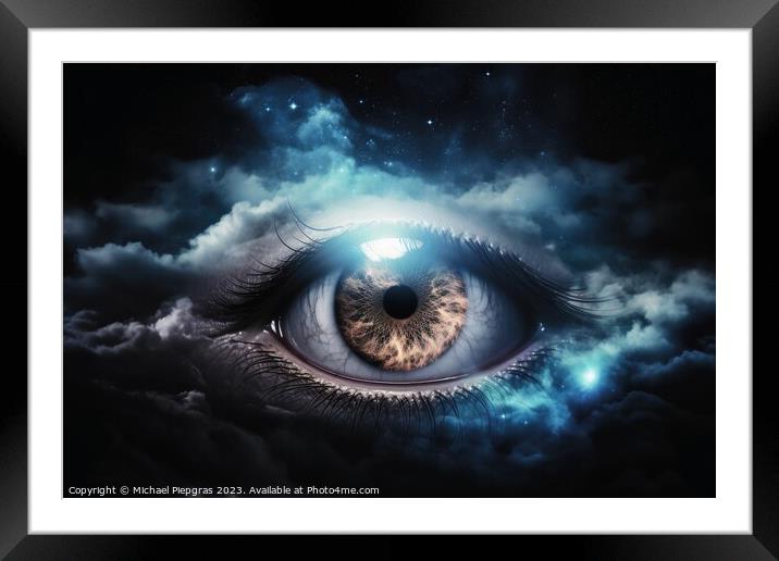An eye made of clouds with a universe background  created with g Framed Mounted Print by Michael Piepgras