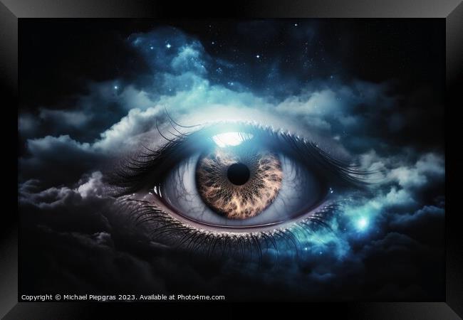 An eye made of clouds with a universe background  created with g Framed Print by Michael Piepgras